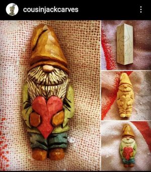 how to start a woodcarving project -Photo by Cousin Jack Carves a gnome in its 4 stages of processing designed ready to be carved, defined and finished, colored and antiqued