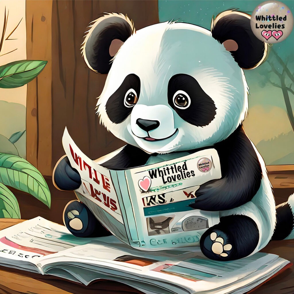welcome page - A cartoon panda reading a magazine called whittled lovelies