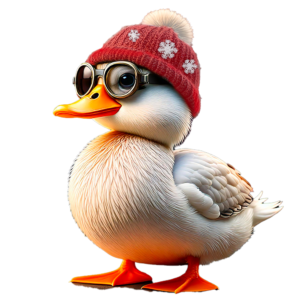 Cartoon duck, Gwen Van Kwak, with a red hat and aviator goggles, a creative element of the 2024 Christmas diorama.