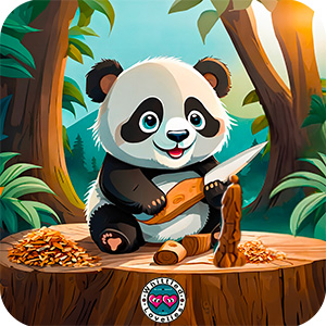Whittled Lovelies Blog – Intaglio e mondo legno | Whittled Lovelies Panda cartoon con coltello da intaglio e statuetta, immagine simbolo della categoria Intaglio nel blog Whittled Lovelies.